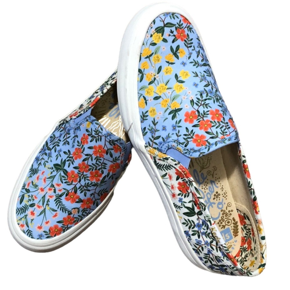 KEDS X RIFLE PAPER CO. | Ladies Blue Floral Double Decker Wildwood Slip Ons sz 5